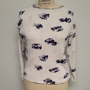 NIC+ZOE Abstract Floral Long Sleeve Top - White and Blue